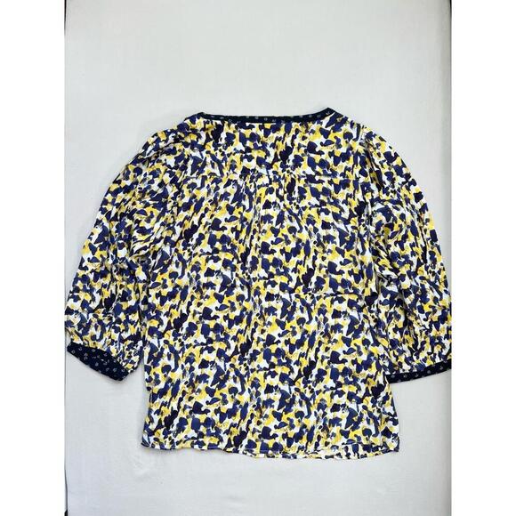 Chelsea & Theodore Blouse Size L Yellow Navy V-Neck Abstract Print 3/4 Sleeve - Picture 4 of 8